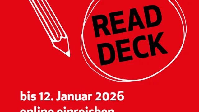Rotes Plakat mit weißer Skizze eines Bleistifts und einem Kreis, darin der Text 'READ DECK'. Darunter steht: 'bis 12. Januar 2026 online einreichen.' Logos von Science4Life Venture Cup, Science4Life Energy Award und Sanofi sind unten zu sehen.