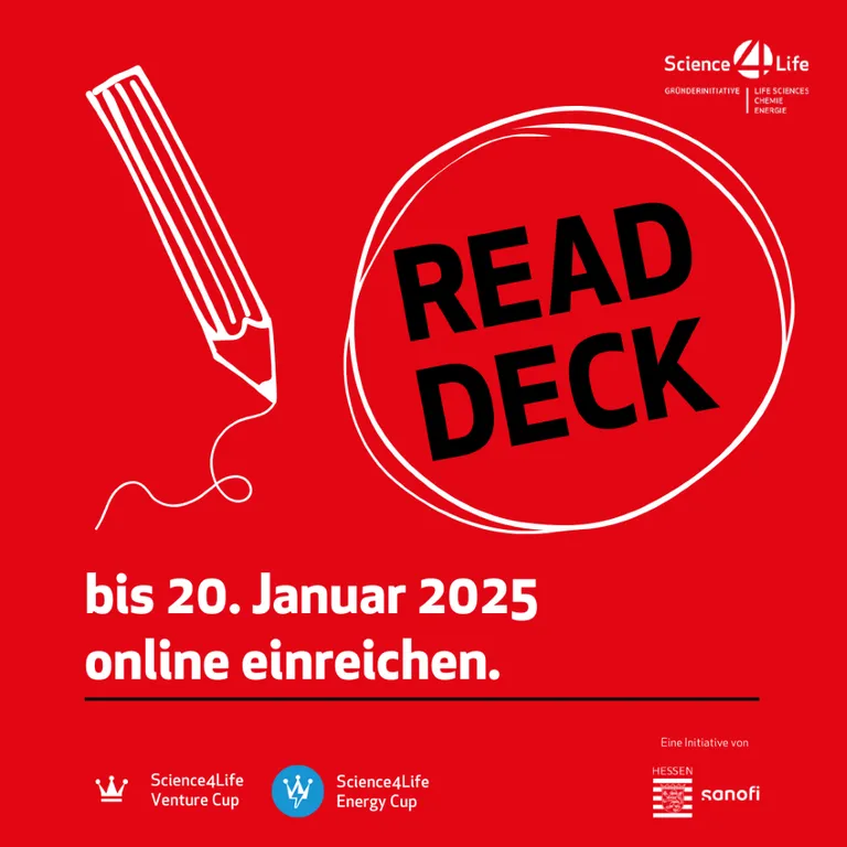 Bewerbungsaufrufs-Banner für den Science4Life Venture und Energy Cup. Einreichung des Read Decks bis zum 20. Januar 2025.