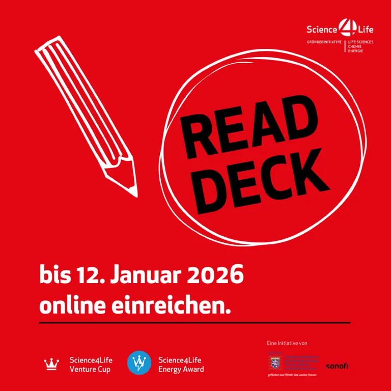 Rotes Plakat mit weißer Skizze eines Bleistifts und einem Kreis, darin der Text 'READ DECK'. Darunter steht: 'bis 12. Januar 2026 online einreichen.' Logos von Science4Life Venture Cup, Science4Life Energy Award und Sanofi sind unten zu sehen.