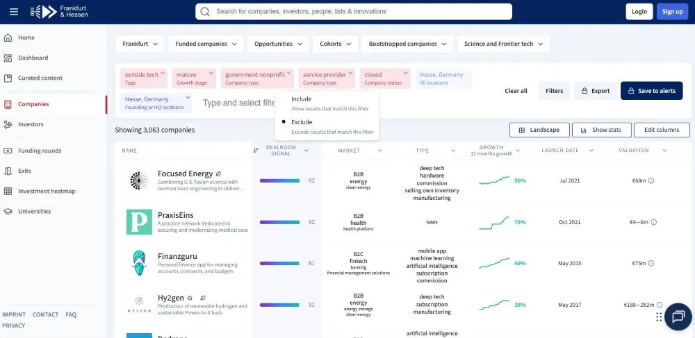 Screenshot der Dealroom-Plattform mit einer Liste von Unternehmen. Links sind Filteroptionen sichtbar, rechts eine Tabelle mit Unternehmensnamen, Märkten und Trends.