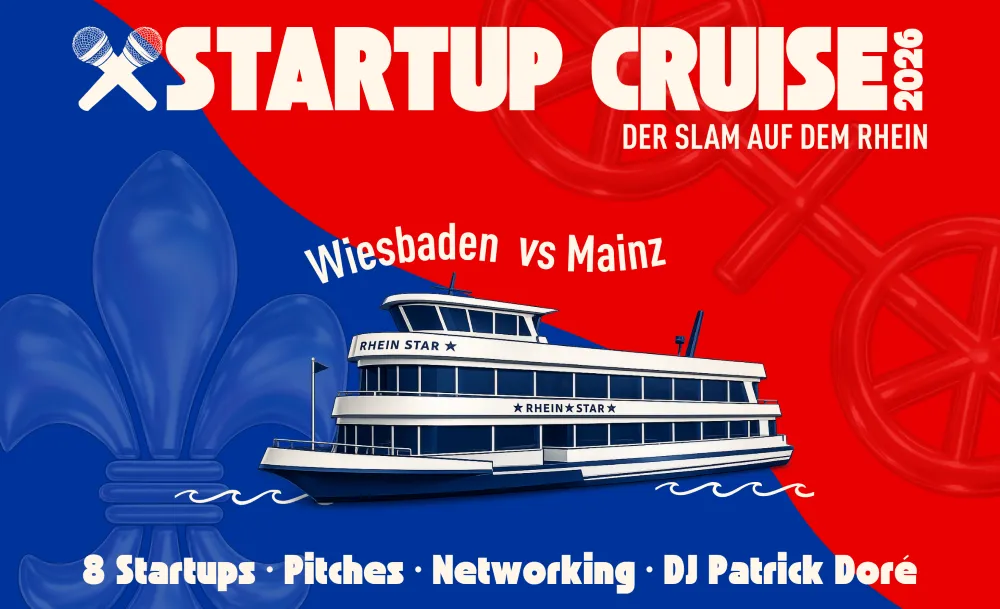 Illustration eines Ausflugsschiffs mit der Aufschrift 'RHEIN STAR' vor einem rot-blauen Hintergrund mit den Texten 'STARTUP CRUISE 2026', 'Mainz vs Wiesbaden', 'DER SLAM AUF DEM RHEIN' und '8 Startups · Pitches · Networking · DJ Patrick Doré