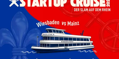 Illustration eines Ausflugsschiffs mit der Aufschrift 'RHEIN STAR' vor einem rot-blauen Hintergrund mit den Texten 'STARTUP CRUISE 2026', 'Mainz vs Wiesbaden', 'DER SLAM AUF DEM RHEIN' und '8 Startups · Pitches · Networking · DJ Patrick Doré