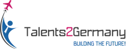 Logo mit stilisierter Figur, die einen pinkfarbenen Papierflieger wirft, daneben der Schriftzug 'Talents2Germany' und darunter der Slogan 'BUILDING THE FUTURE!'