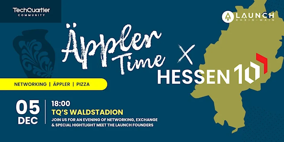 Veranstaltungsbanner des TechQuartiers Frankfurt für eine Netzwerkveranstaltung namens "Äppler Time x Hessen 10" am 5.12.2024