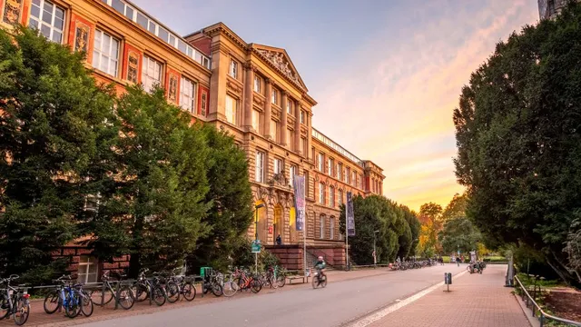 Historisches Gebäude der TU Darmstadt mit Fahrrädern davor und Bäumen an der Straße bei Sonnenuntergang.