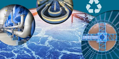 Wasseraufbereitungsanlage mit Rohren, Klärbecken und Recycling-Symbol vor blau schäumender Wasseroberfläche