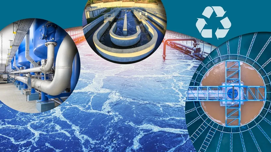 Wasseraufbereitungsanlage mit Rohren, Klärbecken und Recycling-Symbol vor blau schäumender Wasseroberfläche