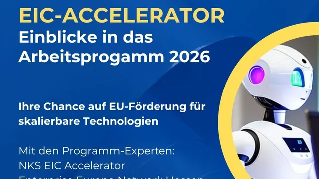 Grafik mit Text zu Online-Event 'EIC-Accelerator Einblicke in das Arbeitsprogramm 2026' am 06.11.2025 von 10:30 bis 12:00 Uhr, mit Bild eines weißen Roboters mit blauem und pinkem Licht im Kopfbereich.