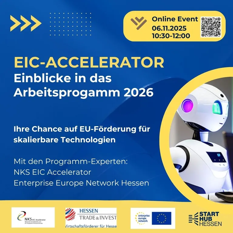 Grafik mit Text zu Online-Event 'EIC-Accelerator Einblicke in das Arbeitsprogramm 2026' am 06.11.2025 von 10:30 bis 12:00 Uhr, mit Bild eines weißen Roboters mit blauem und pinkem Licht im Kopfbereich.