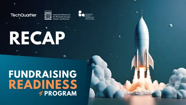 Rakete startet symbolisch für das Fundraising Readiness Programm, mit Logos von TechQuartier, Hessischem Wirtschaftsministerium und Business Angels Frankfurt Rhein-Main
