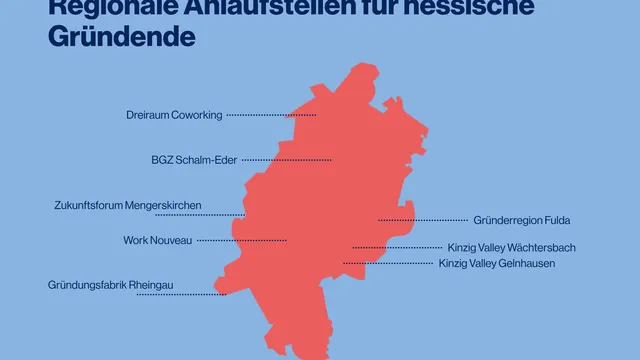 Karte von Hessen mit regionalen Anlaufstellen für Gründer wie Dreiraum Coworking, BGZ Schalm-Eder, Zukunftsforum Mengerskirchen, Work Nouveau, Gründungsfabrik Rheingau, Gründerregion Fulda, Kinzig Valley Wächtersbach und Kinzig Valley Gelnhausen