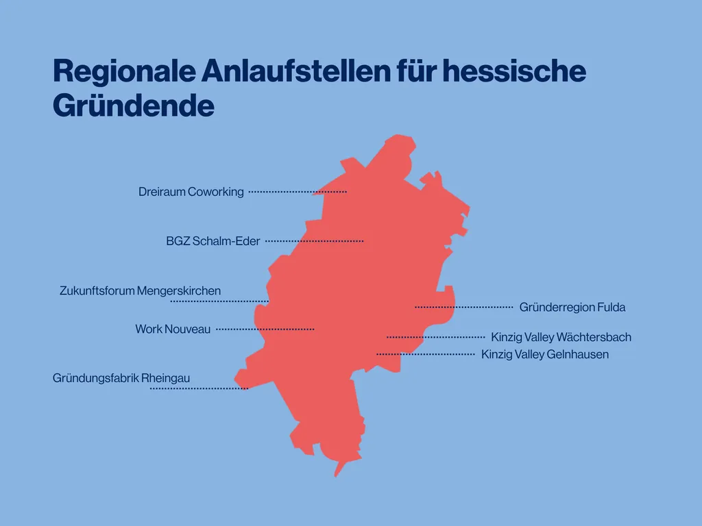 Karte von Hessen mit regionalen Anlaufstellen für Gründer wie Dreiraum Coworking, BGZ Schalm-Eder, Zukunftsforum Mengerskirchen, Work Nouveau, Gründungsfabrik Rheingau, Gründerregion Fulda, Kinzig Valley Wächtersbach und Kinzig Valley Gelnhausen