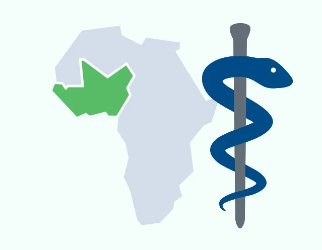 Silhouette von Afrika mit grün markiertem westafrikanischem Land neben blauem Äskulapstab-Symbol.