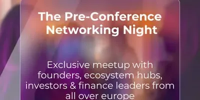 Veranstaltungsankündigung für "The Pre-Conference Networking Night" am 10.02.2026 von 19:00 bis 21:30 im Futury Startup Space in Frankfurt am Main mit Fokus auf Gründer, Ökosystem-Hubs, Investoren und Finanzführer aus ganz Europa