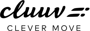 Schwarz-weiße Wortmarke mit dem Schriftzug 'cluuv' in kursiver Schreibschrift und darunter in Großbuchstaben 'CLEVER MOVE'