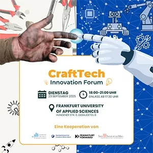Menschliche Hand und Roboterhand berühren sich fast vor blauem Hintergrund mit technischen Symbolen, Text zu CraftTech Innovation Forum am 23. September 2025 in Frankfurt
