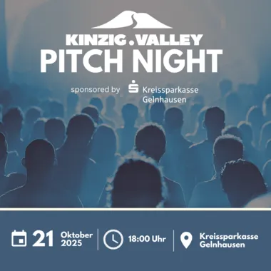 Publikum bei einer Veranstaltung, darüber Text 'Kinzig Valley Pitch Night', gesponsert von Kreissparkasse Gelnhausen, Datum 21. Oktober 2025, 18:00 Uhr, Ort Kreissparkasse Gelnhausen