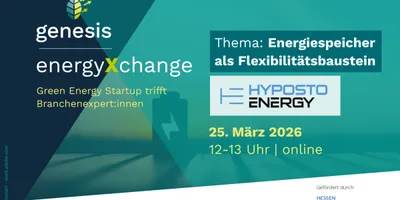 Grafik mit dem Titel 'genesis energyXchange' und dem Thema 'Energiespeicher als Flexibilitätsbaustein' mit Datum '25. März 2026 12-13 Uhr | online'