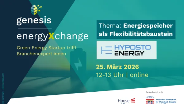 Grafik mit dem Titel 'genesis energyXchange' und dem Thema 'Energiespeicher als Flexibilitätsbaustein' mit Datum '25. März 2026 12-13 Uhr | online'
