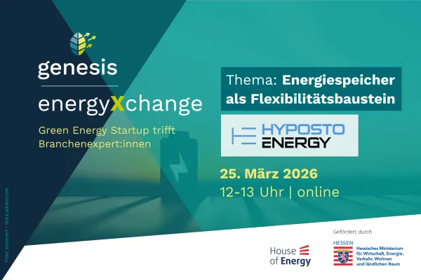 Grafik mit dem Titel 'genesis energyXchange' und dem Thema 'Energiespeicher als Flexibilitätsbaustein' mit Datum '25. März 2026 12-13 Uhr | online'