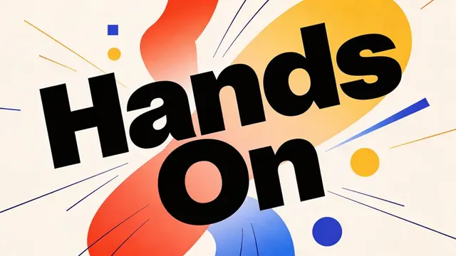 Schriftzug 'Hands On' vor abstrakten, farbigen Formen und Linien