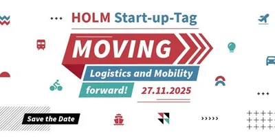 Bild zeigt das Logo des HOLM Start-up-Tag 2025 unter dem Titel Moving, Logistics and Mobility. Darum sind verschiedene Symbole aus dem Bereich Mobilität, z.B. ein Flugzeug.