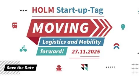 Bild zeigt das Logo des HOLM Start-up-Tag 2025 unter dem Titel Moving, Logistics and Mobility. Darum sind verschiedene Symbole aus dem Bereich Mobilität, z.B. ein Flugzeug.