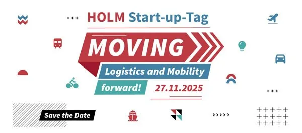 Bild zeigt das Logo des HOLM Start-up-Tag 2025 unter dem Titel Moving, Logistics and Mobility. Darum sind verschiedene Symbole aus dem Bereich Mobilität, z.B. ein Flugzeug.