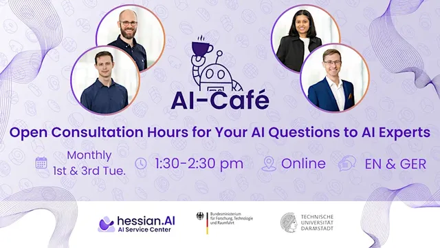Vier Personen in Kreisen, darunter zwei Männer und zwei Frauen, umgeben von Text zu offenen Beratungsterminen im AI-Café, mit Logos von hessian.AI, Bundesministerium für Forschung und TU Darmstadt.