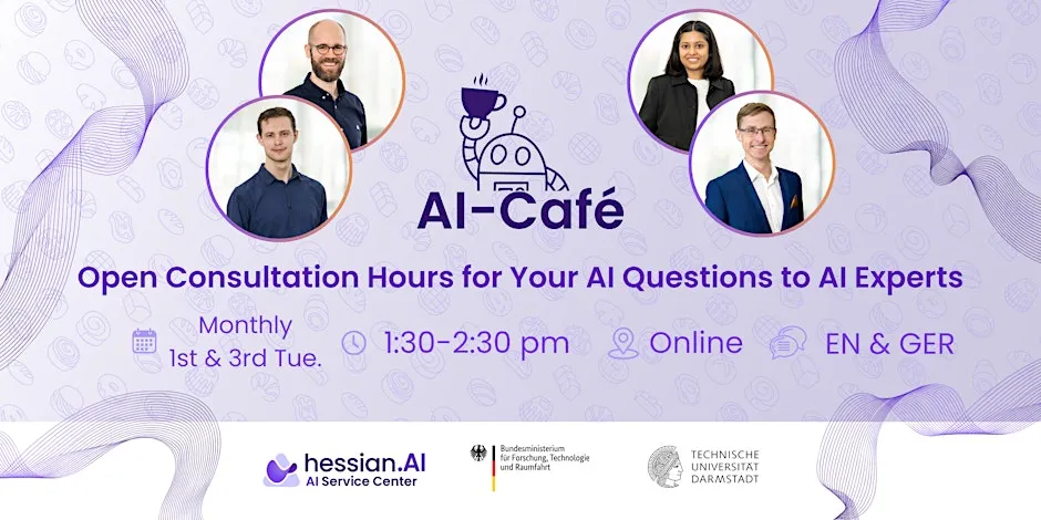 Vier Personen in Kreisen, darunter zwei Männer und zwei Frauen, umgeben von Text zu offenen Beratungsterminen im AI-Café, mit Logos von hessian.AI, Bundesministerium für Forschung und TU Darmstadt.