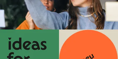 Zwei Frauen kleben Notizzettel an eine Glaswand, darunter Text 'ideas for good' und ein orangefarbener Kreis mit dem Wort 'neu'