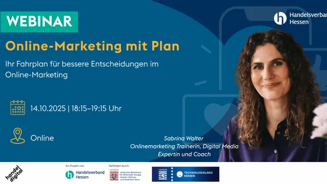 Webinar-Ankündigung 'Online-Marketing mit Plan' am 14.10.2025 von 18:15 bis 19:15 Uhr online, präsentiert von Sabrina Walter, Online-Marketing Trainerin und Digital Media Expertin.