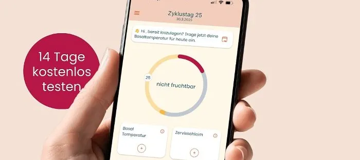 Hand hält Smartphone mit geöffneter Zyklus-App, darüber Schrift 'ovolution deine Zyklus-App für NFP', daneben roter Kreis mit Text '14 Tage kostenlos testen', unten Logos von App Store, Google Play und Stiftung Warentest mit Text 'von Stiftung Warentest e