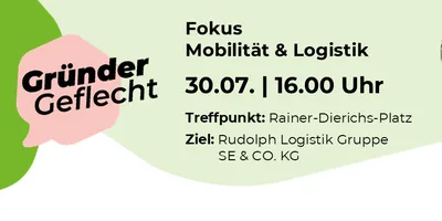 Banner mit dem Logo von Gründer Wettbewerb Nordhessen, Text zu einem Event am 30.07. um 16 Uhr zum Thema Mobilität und Logistik, Treffpunkt Rainer-Dierichs-Platz, Ziel Rudolph Logistik Gruppe SE & CO. KG, Kooperation mit MoWiN.net