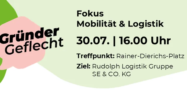 Banner mit dem Logo von Gründer Wettbewerb Nordhessen, Text zu einem Event am 30.07. um 16 Uhr zum Thema Mobilität und Logistik, Treffpunkt Rainer-Dierichs-Platz, Ziel Rudolph Logistik Gruppe SE & CO. KG, Kooperation mit MoWiN.net