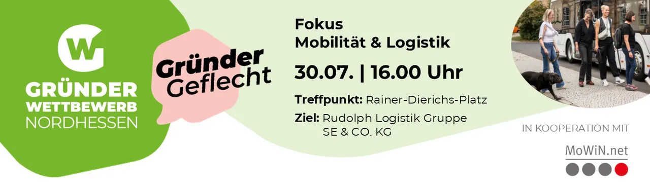 Banner mit dem Logo von Gründer Wettbewerb Nordhessen, Text zu einem Event am 30.07. um 16 Uhr zum Thema Mobilität und Logistik, Treffpunkt Rainer-Dierichs-Platz, Ziel Rudolph Logistik Gruppe SE & CO. KG, Kooperation mit MoWiN.net